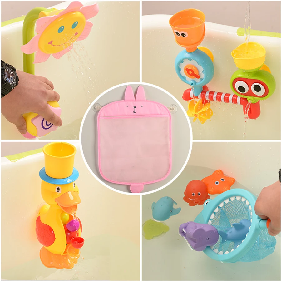 QWZ nuevo bolso de malla para baño de bebé, diseño de ventosa para juguetes de baño, cesta para niños, formas de animales de dibujos animados, tela, juguetes de arena, bolsa de red de almacenamiento