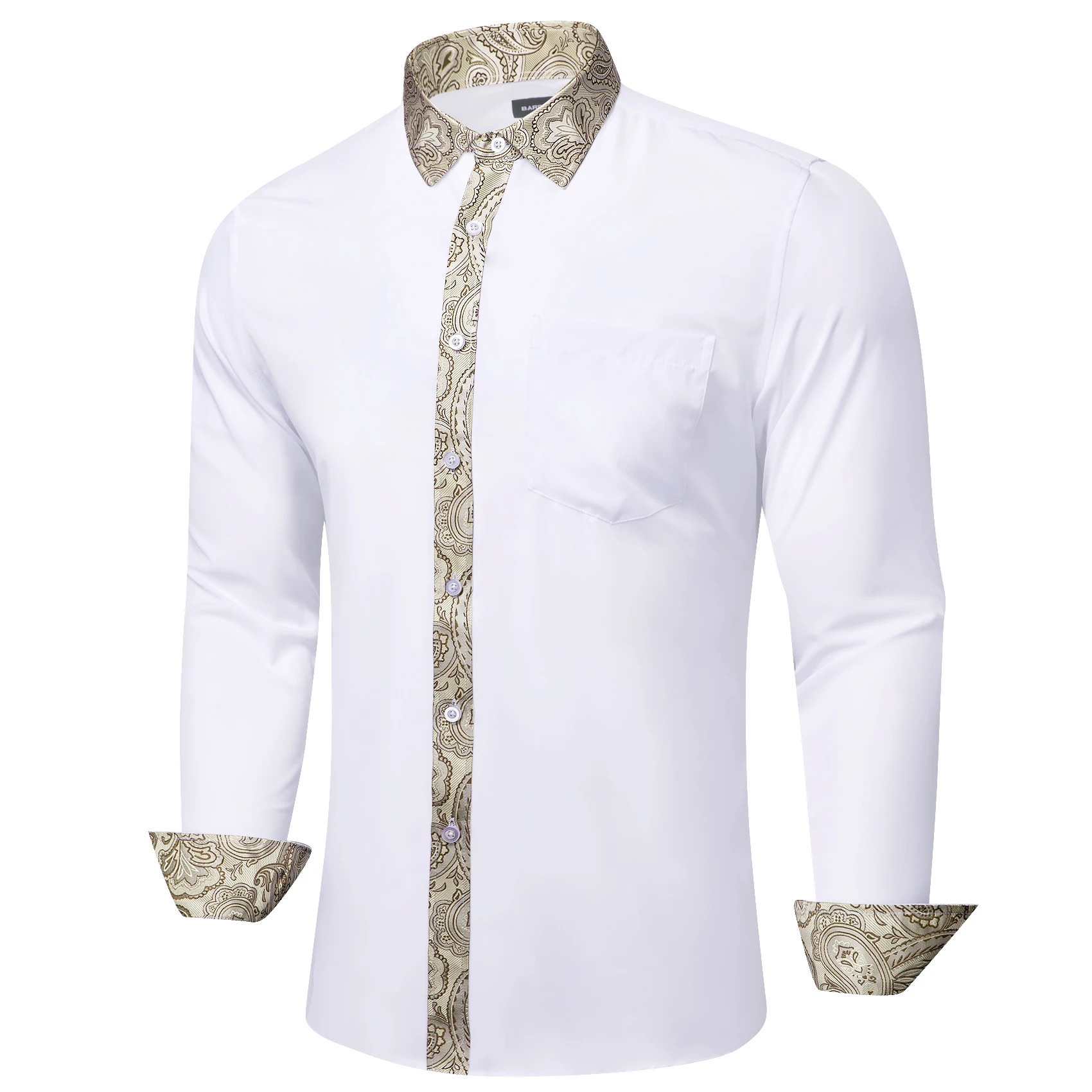 Camisas de lujo de seda para hombres, blusas masculinas de manga larga, blanco, marrón, parche de Cachemira sólido, ajuste Delgado, cuello vuelto