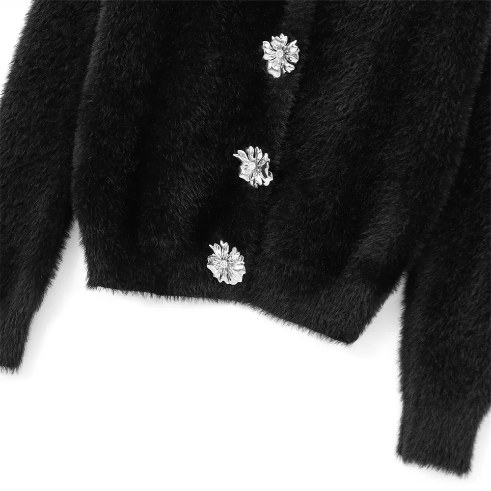 PB&ZA2024 Autumn New Women\'s Clothing Style Simple and Loose Artificial Fur Effect Round Neck Long Sleeve Knitted Coat