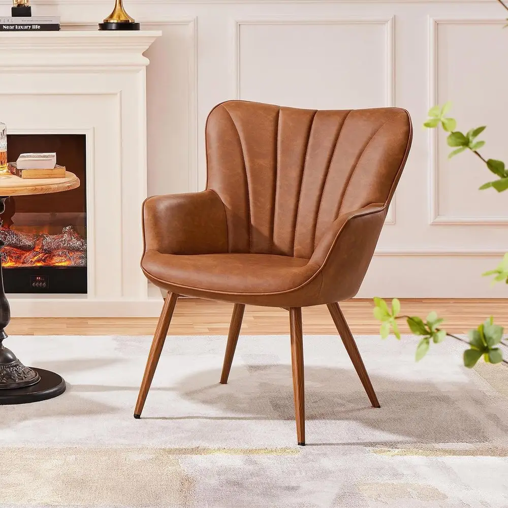 PU Leather Armchair, ern Accent Chair with Metal Legs, Comy Upholstered Barrel Chair or Living Room Bedroom Vanity Room, Brown