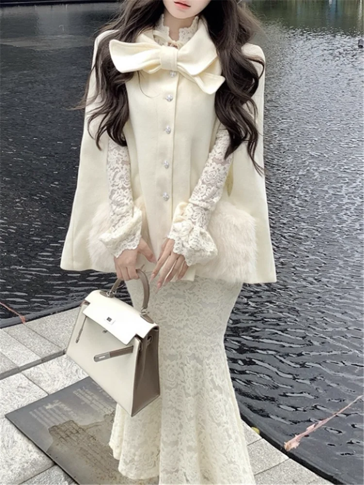 

Элегантные женские костюмы знаменитостей на осень-зиму из 2 предметов с длинным рукавом, абрикосовое кружевное платье русалки и накидка с бантом, плащ, одинаковые комплекты из 2 предметов