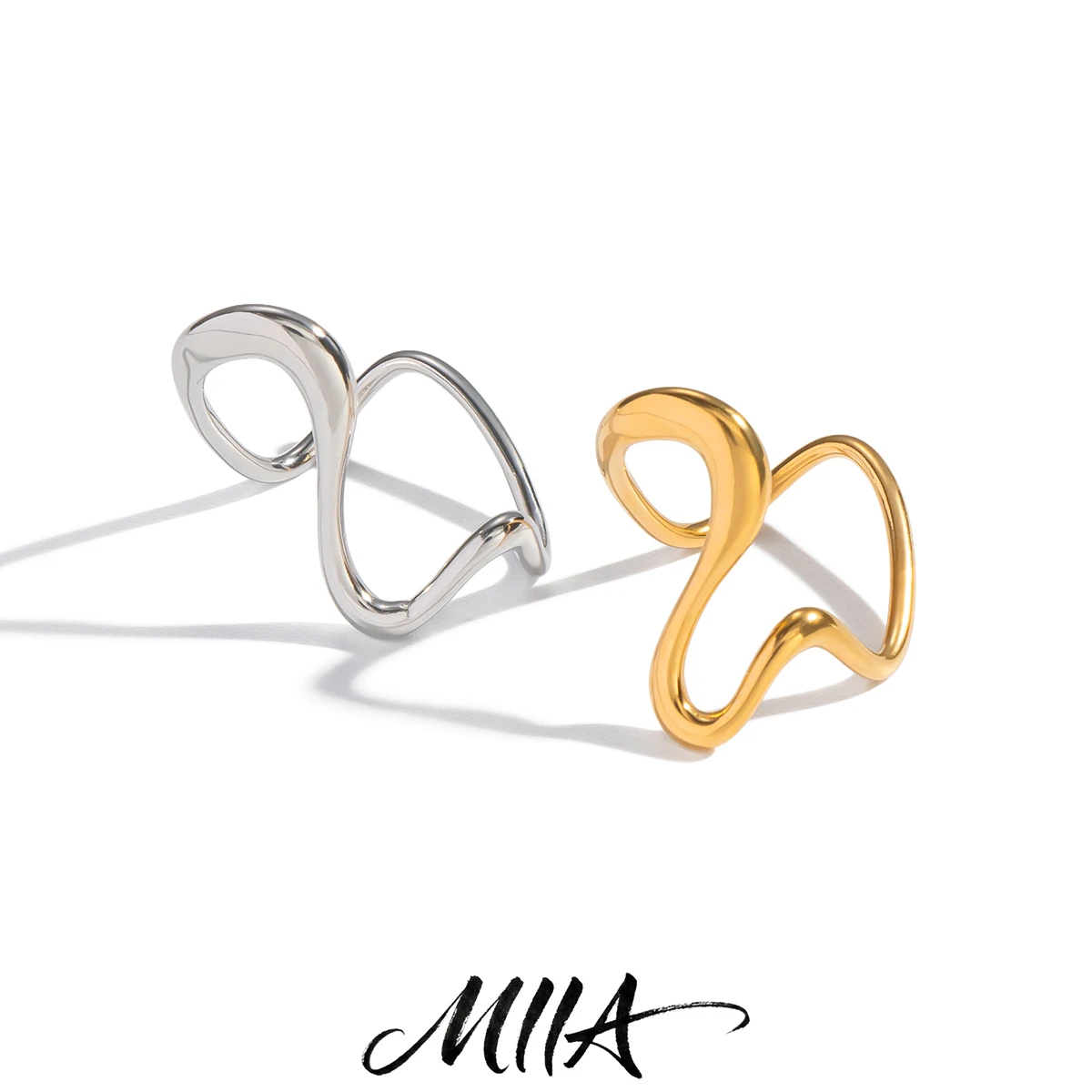Miia Jewelry 18K Gold Stainless Steel Abstract Wave Ring For Women Tarnish Resistant Irregular Twisted Sculpture Statement Ring