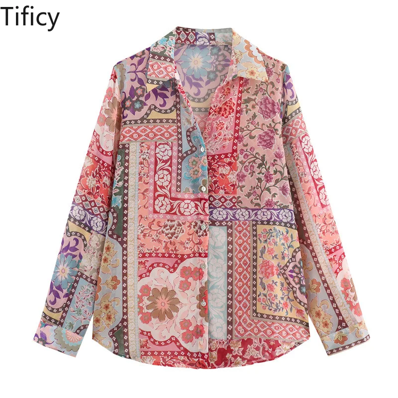 

TIFICY Autumn New Women's Fashion Versatile Color Blocked Printed Long Sleeved Shirt Tops Blusas Mujer Za Woman 2024