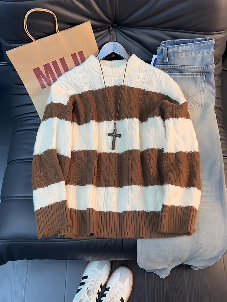 

Утепленный теплый свободный вязаный свитер в полоску с цветовыми блоками для мужчин и женщин, осенне-зимняя верхняя одежда