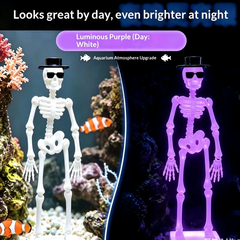 Halloween-Schaukelschädel-Aquariumdekoration, 3D-gedrucktes, nicht-bewegliches Aquarium-Ornament, tanzende Skelettfigur für gruselige Dekorationen – Detail 8