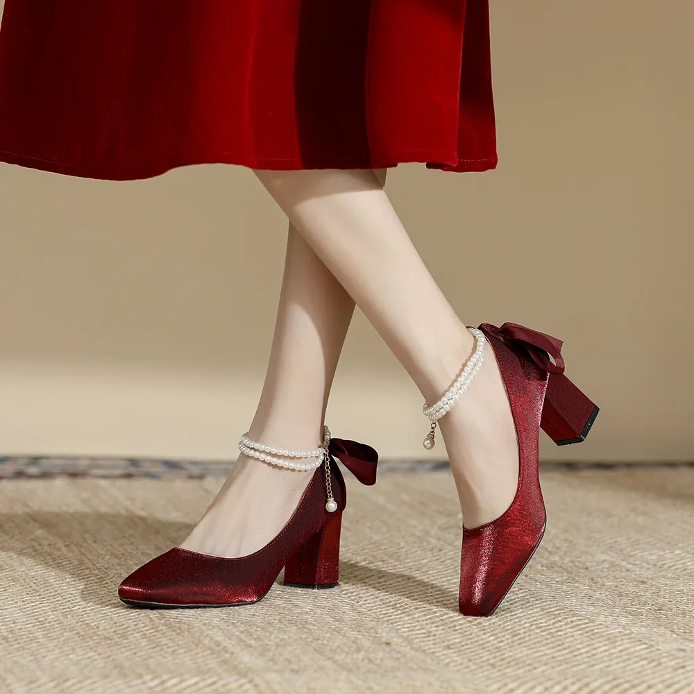 

Размер 31–43, свадебные туфли большого размера на массивном высоком каблуке с квадратным носком, свадебные туфли-лодочки, женские черные туфли на каблуке