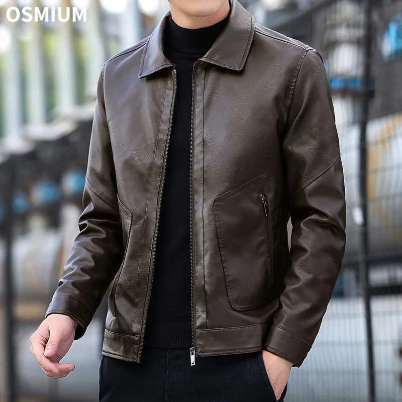 Winter PU Leather Jacket Men Brown Plush Velvet Motorcycle Coat Faux Fur Collar Mens Zipper Leather Outerwear Plus Size M-4XL