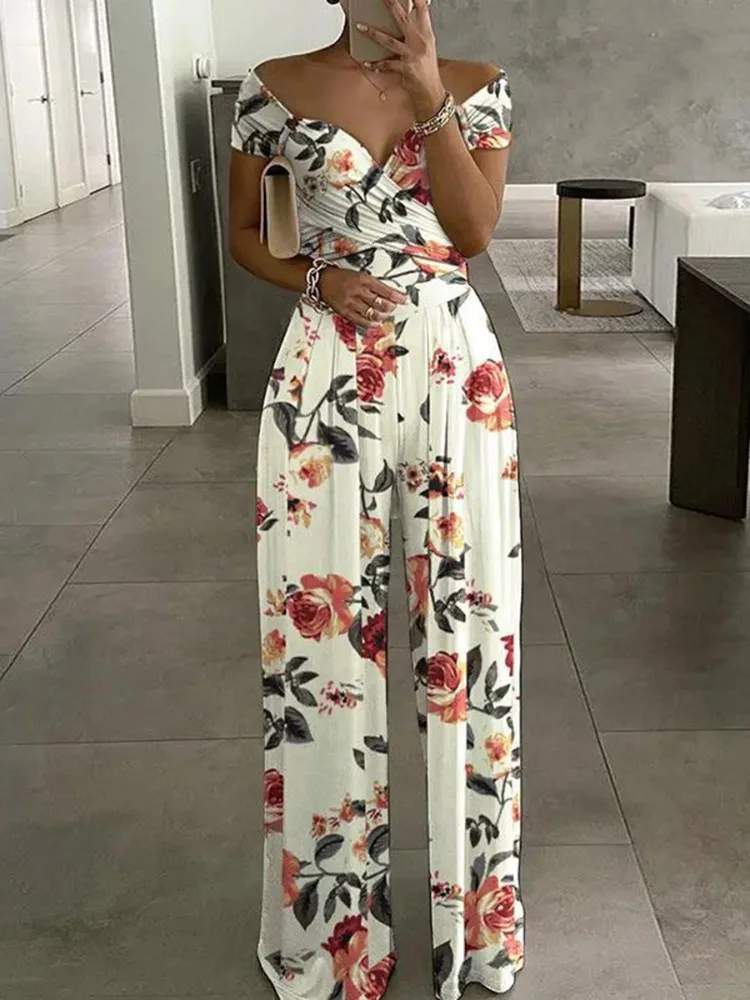 Lemongor Women's Elegant Floral Print Off-Shoulder Jumpsuit 2026 New Twist High Waist Wide Leg Party Evening One-Piece Outfit