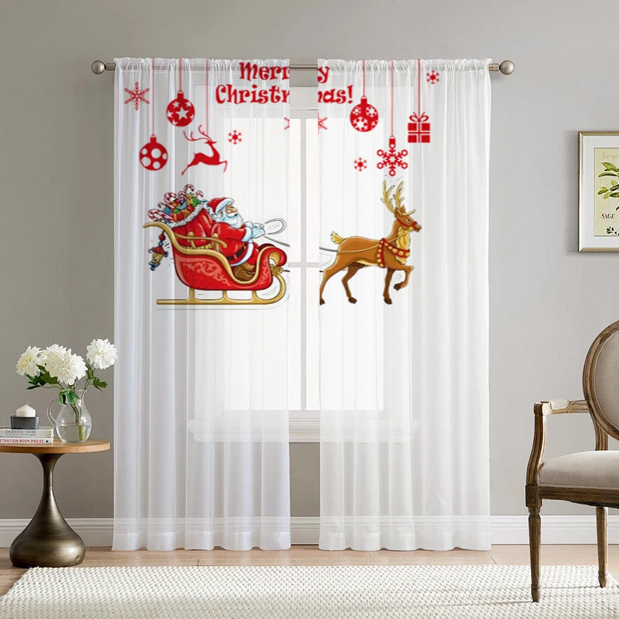 2PCS Christmas Sheer Curtains, Santa Sleigh Reindeer, Digital Print, Bedroom Living Room, Rod Pocket Polyester, Home Decor