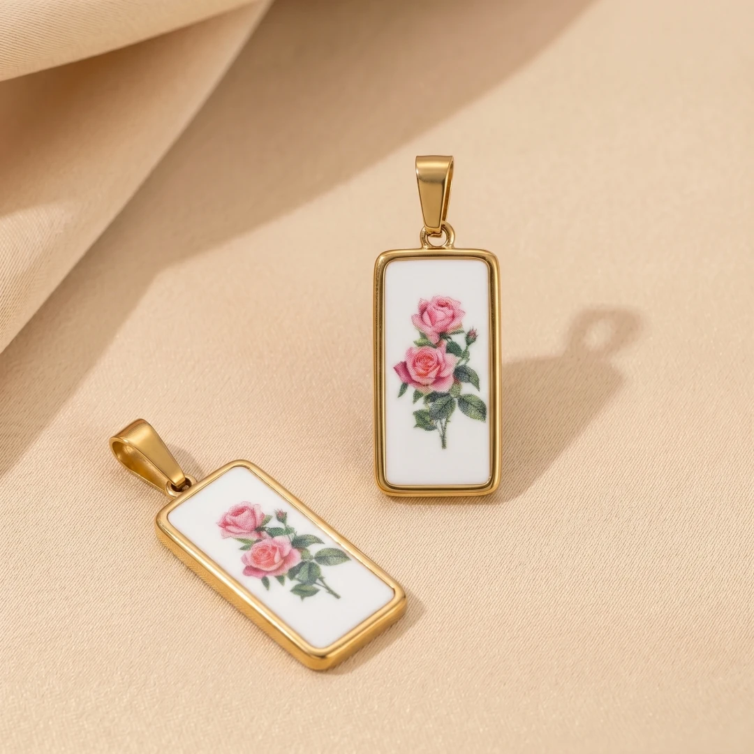 2 Stück Edelstahl-Emaille Rosen-Trockenblumen-Anhänger, unregelmäßige runde Form, für DIY-Halsketten und Schmuckherstellung, Großhandel – Detail 6
