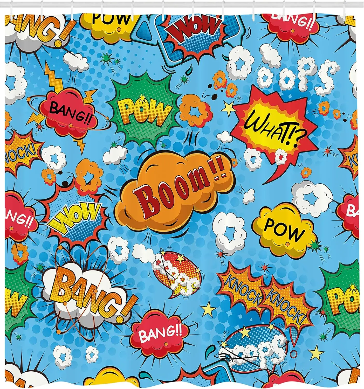 Colorful Comic Style Effects Boom Scream Magazine Signs Pop Art Illustarion, Cloth Fabric Bathroom Decor Set with Hooks
