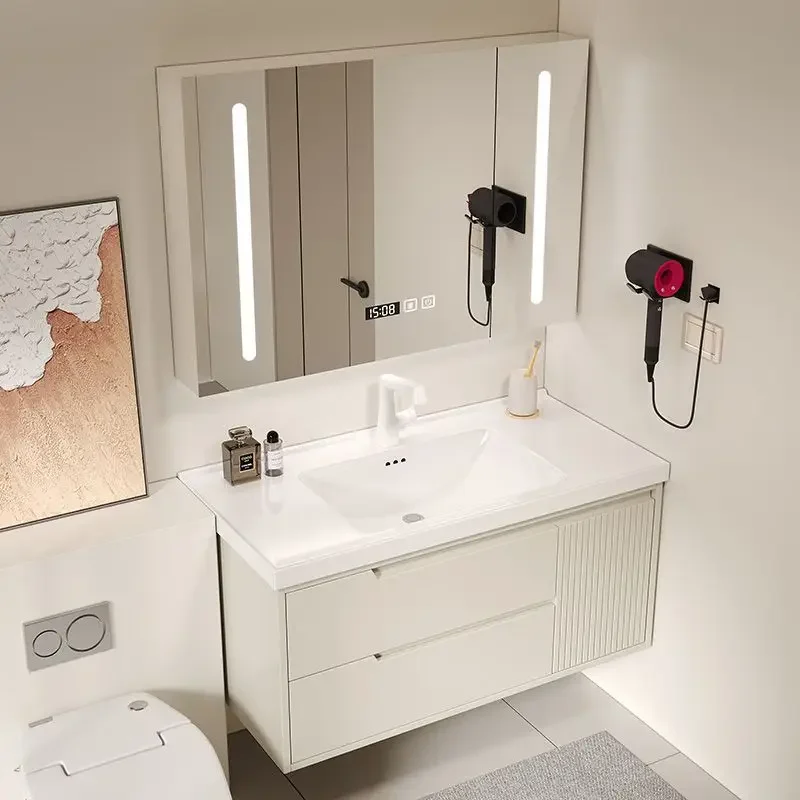 Oak Paint Integrated Ceramic Basin Bathroom Cabinet Combination, Simple Modern Cream, Wash Basin