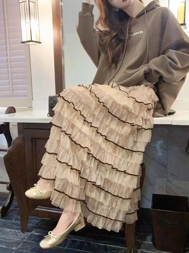 Chic Ruffles Spliced Midi Skirts Women Fashion Mesh Solid Loose Leisure Young Popular Sweet Breathable Streetwear Girls Ins New