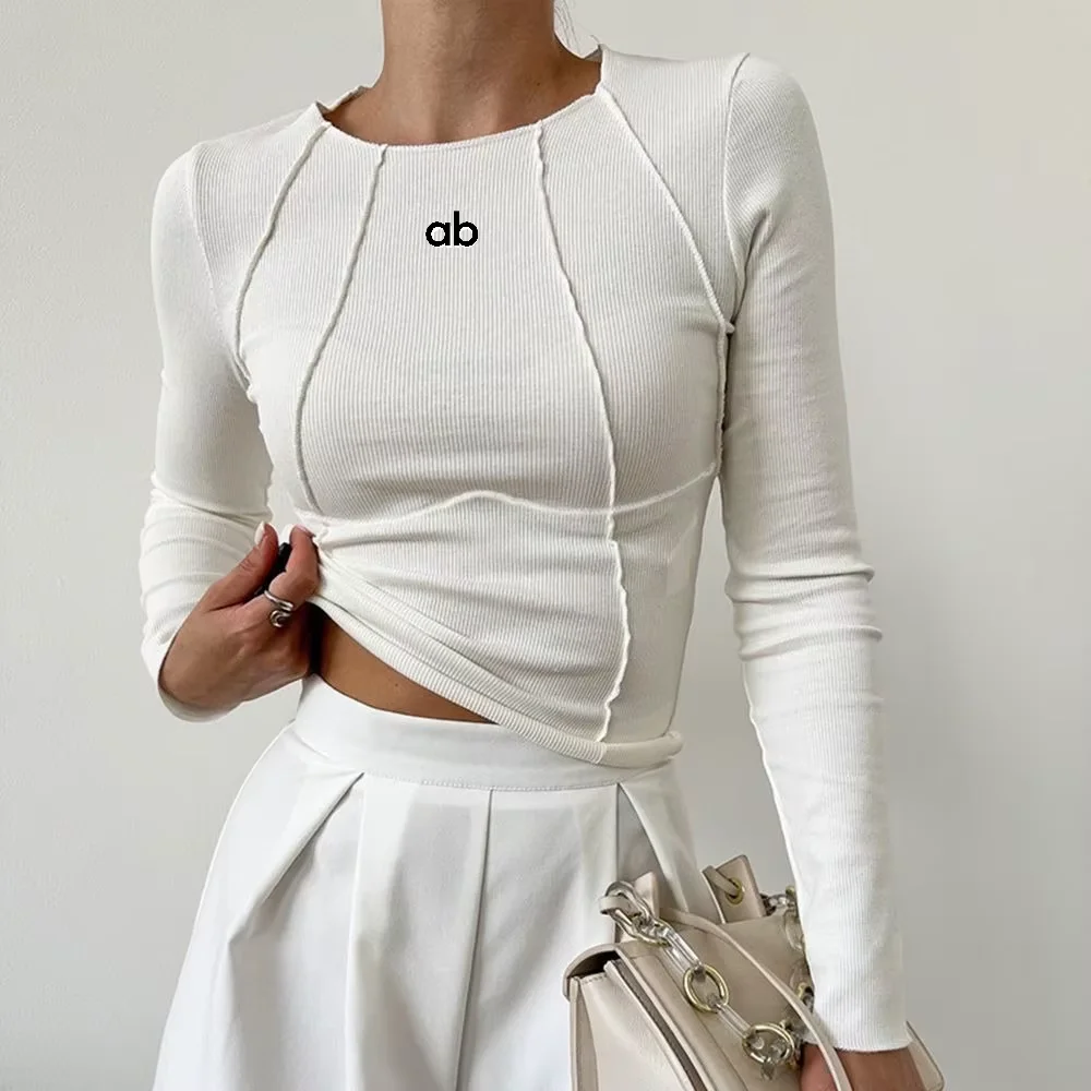 Damen Yoga Frühling Herbst O-Ausschnitt Langarm-Shirt Einfarbiges Design mit Nahtdetails am Brustbereich Schlankes Strick-Basic-Layering-Top