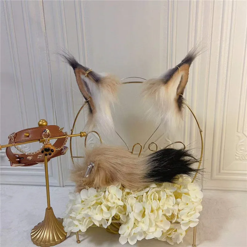 

Handmade Work Simulation Cat Lynx Ears Hairhoop Tail Necklace Set For Anime Game Cosplay Costume Accessories