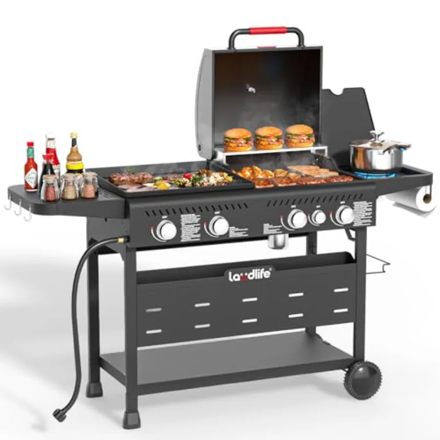 

Backyard BBQ gas grill with side burner, dual zone cooking, non-stick porcelain-enameled surface, black, easy to clean and heav