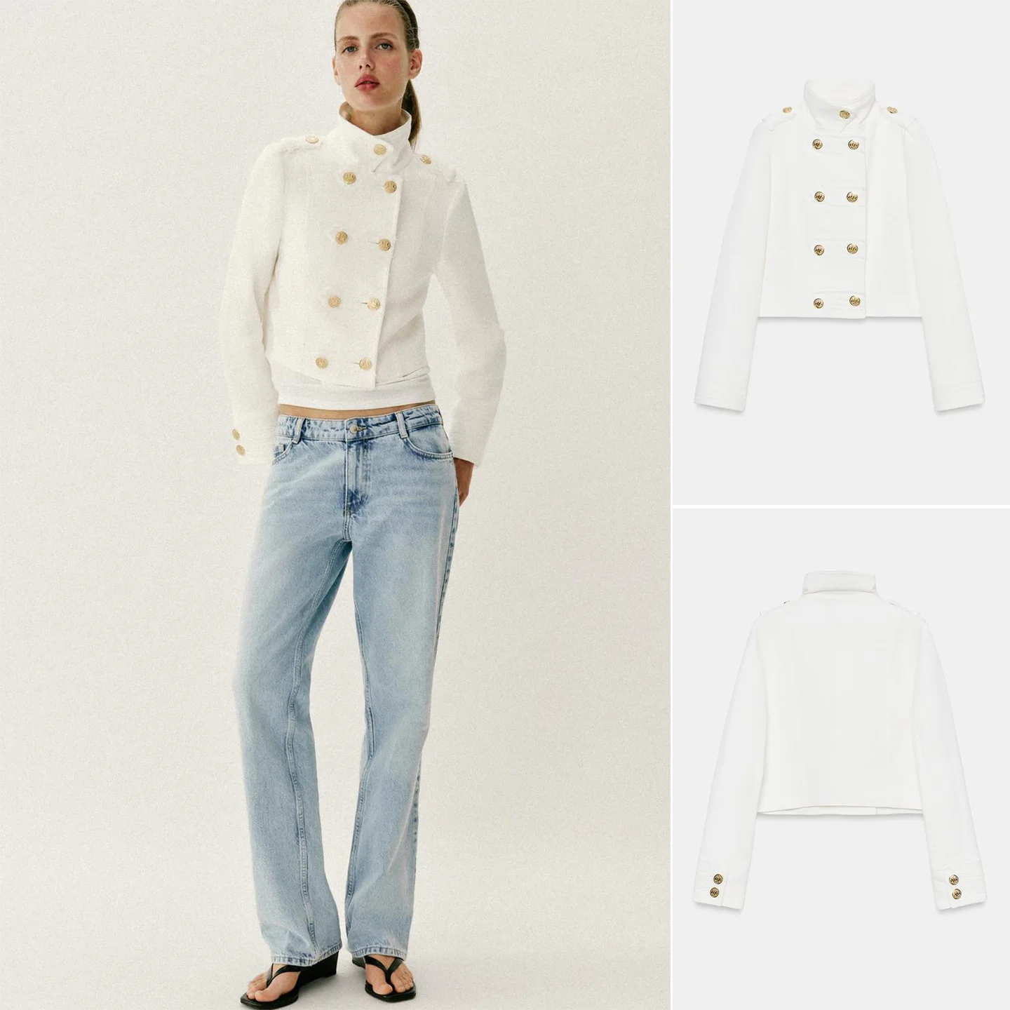 

Spring Summer New Women's Commuter Style Long Sleeve High Collar Gold Button Decor Double Front Short Coat Polyester Fiber