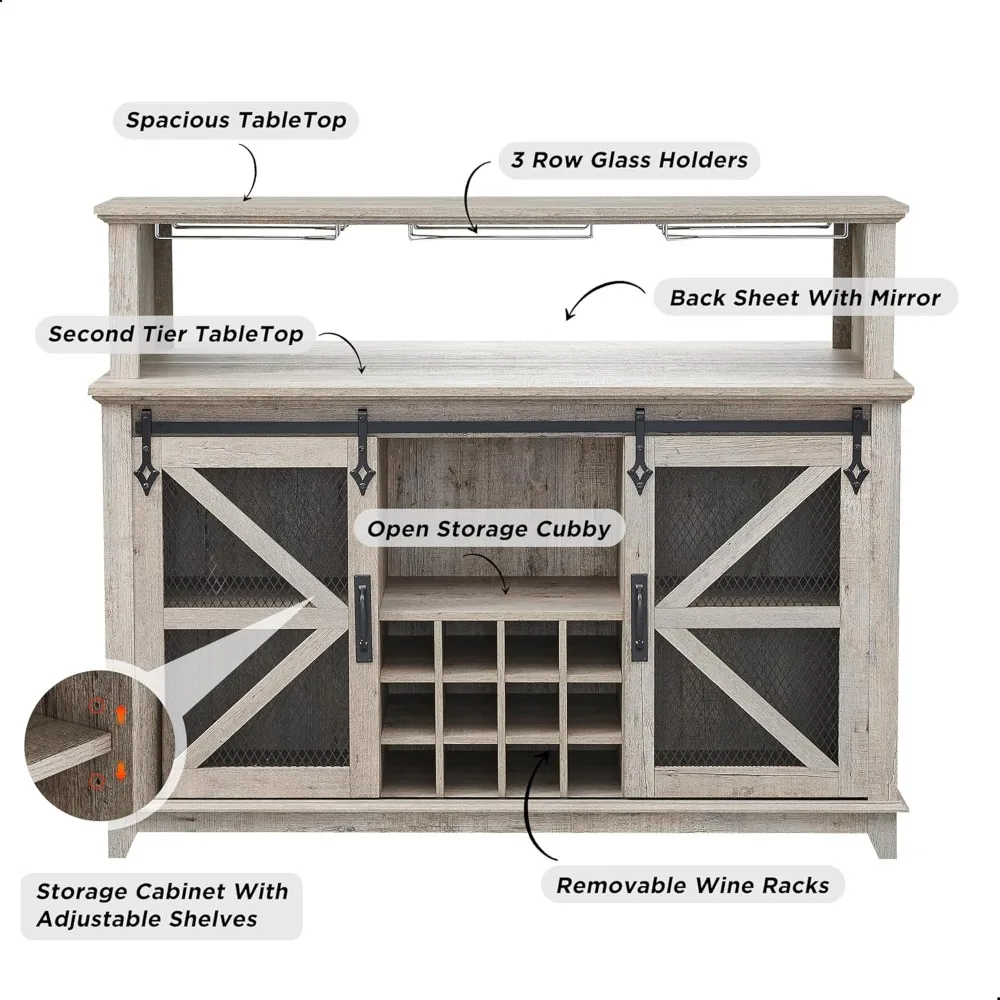 Farmhouse Coffee Bar Cabinet with LED Lights, 55" Wine Bar w/Sliding Barn Door & Wine and Glass Rack, Kitchen Buffet Cabinet w/