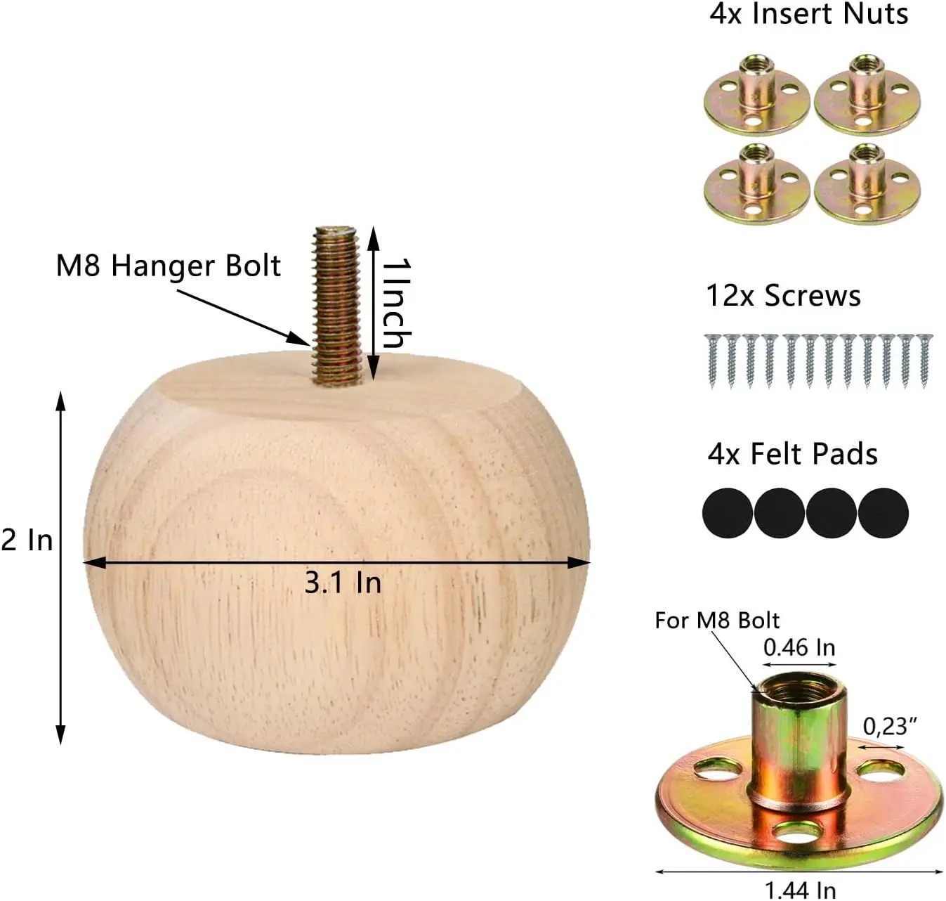 مجموعة من 4 أرجل مقعد مستديرة من الخشب الصلب غير مصقول مقاس 2 بوصة، بقطر 2 بوصة، فتحات لولبية M8 محفورة مسبقًا، مناسبة لـ #2