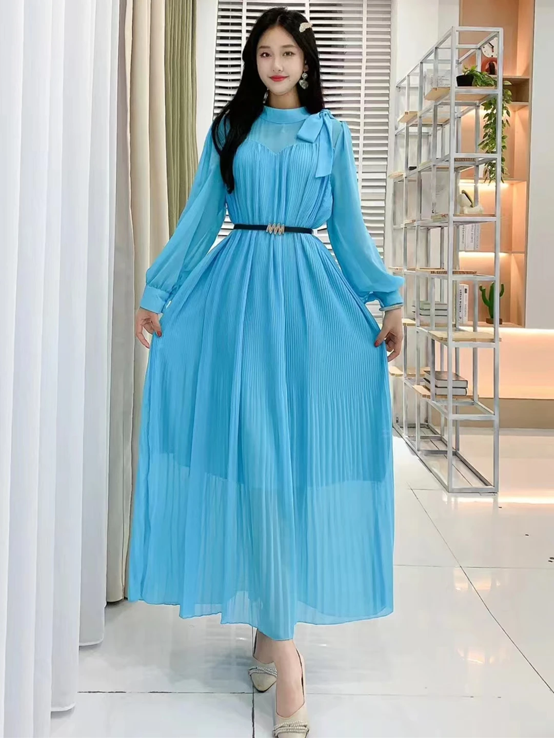 

2024 New Spring Autumn Women Long Sleeve Belt Slim Long Dress Sweet Bandage Bow Decoration Pleated Big Hem Chiffon Dress