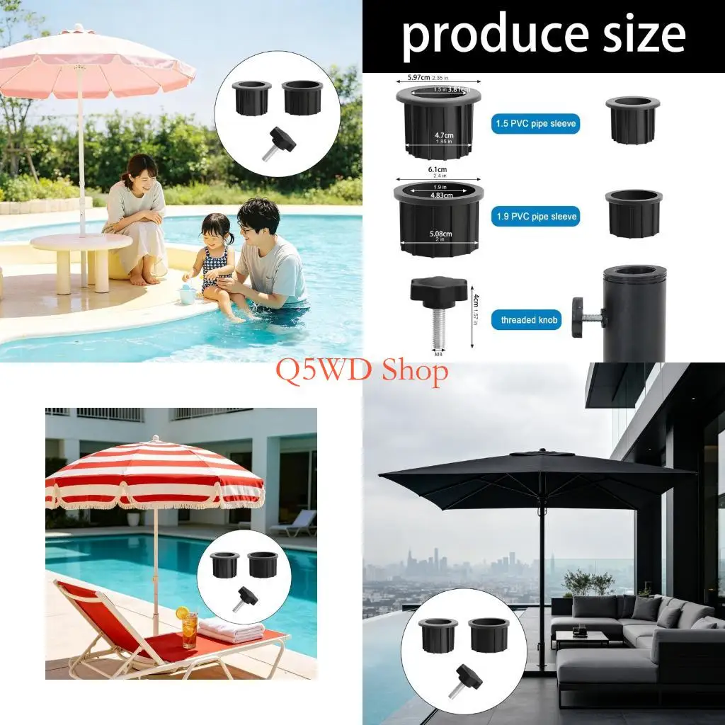 Q5WD Backyard Parasol Stand Insert Replacement Set, Black Plastic 3 Piece Parts with 38 Mm and 48 Mm Sleeves and Hand Tightening
