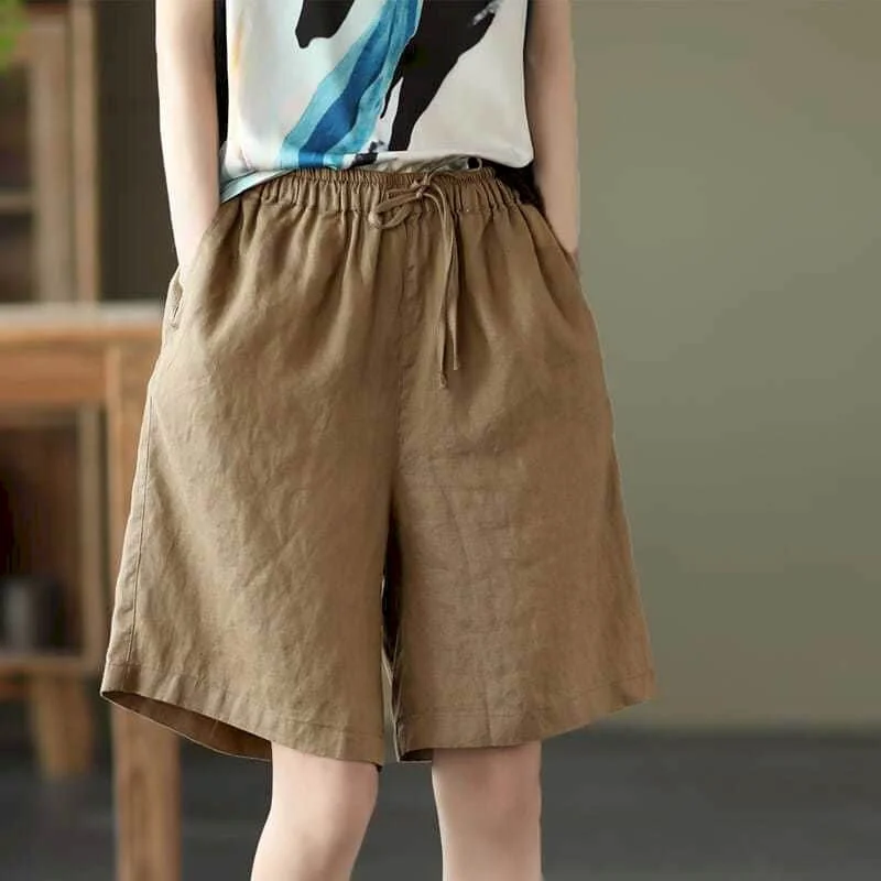 Cotton Linen Shorts Women Summer New Solid Vintage Elastic Waist Wide Leg Pants Casual Loose Five Point Shorts Women Clothing