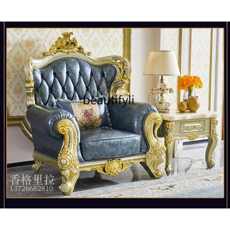 

European villa sofa luxury living room thickened leather full solid wood carving flower combination sofa