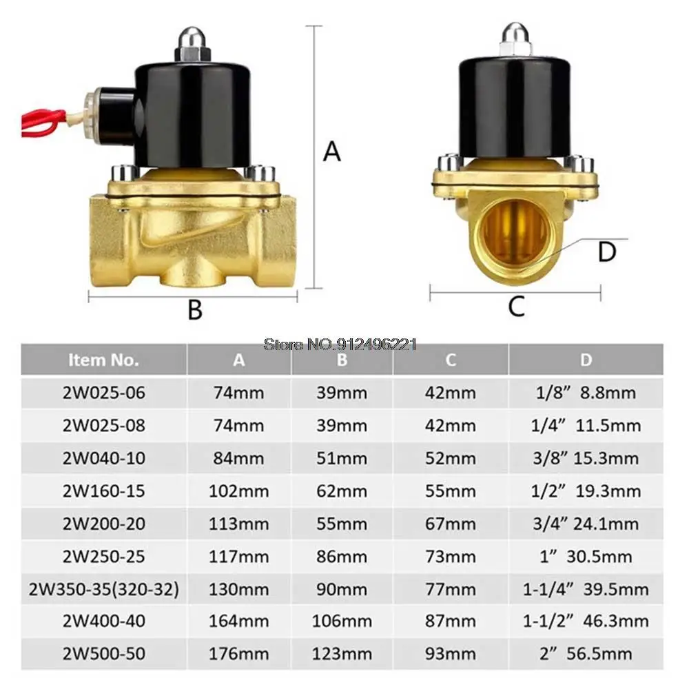 Electric 2W Solenoid Valve Brass Pneumatic Valve  Normally Closed for Water / Oil / Gas 1/8'' 1/4'' 1/2''  2W025 2 2W200 2W50