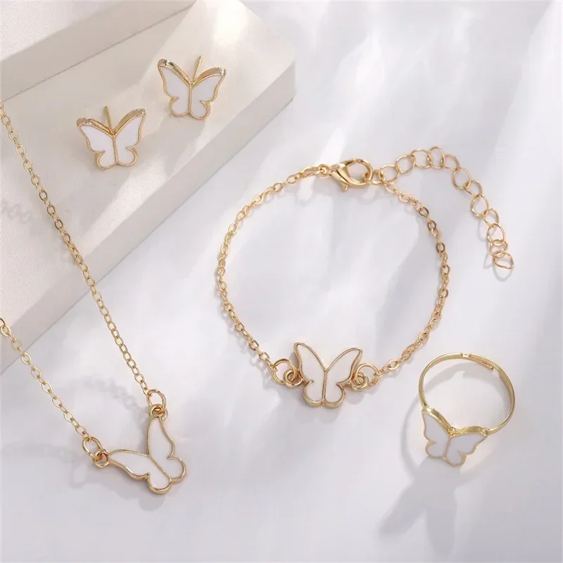 New Personalized Butterfly Glazed Bracelet Ring Necklace Earring, Exquisite Small and Fashionableand High Sense Collar Chain Set