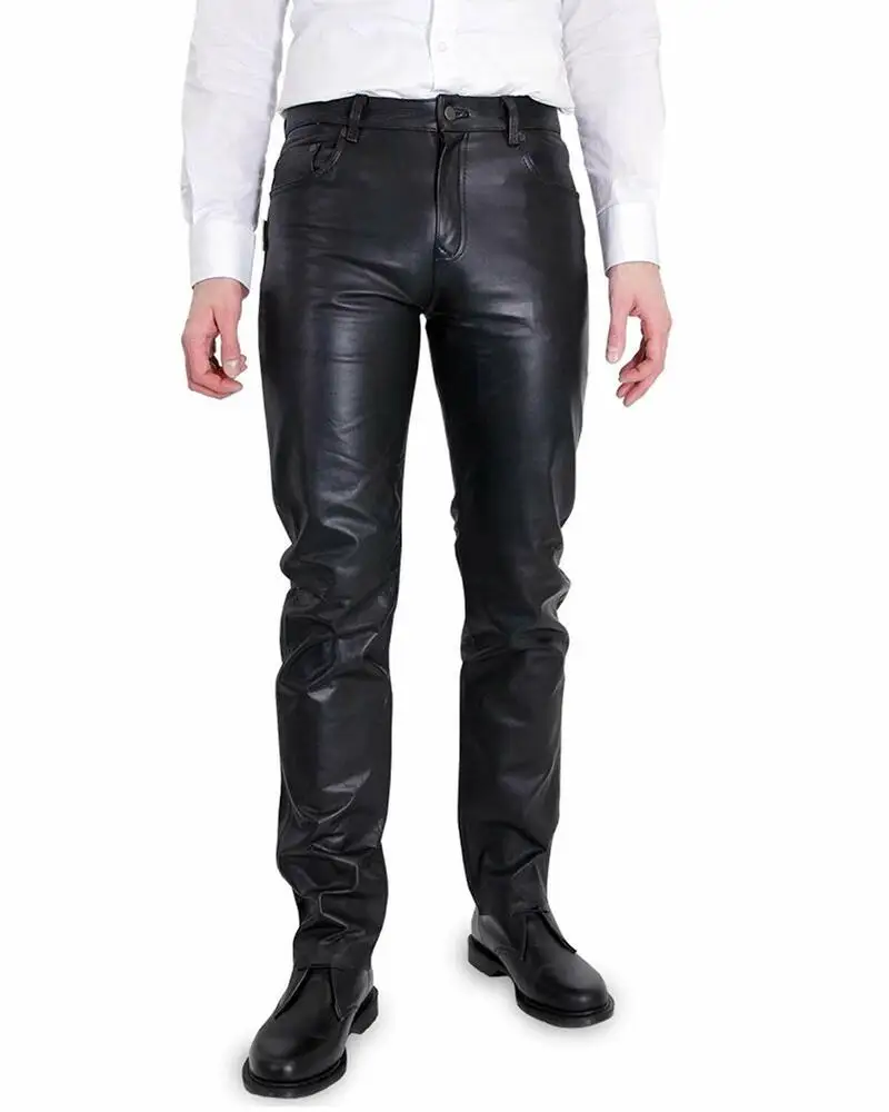 

Leather Pants Men Men's Trousers Pant Real Jeans Size Trouser Biker Fit Black European and American Fashion Trends