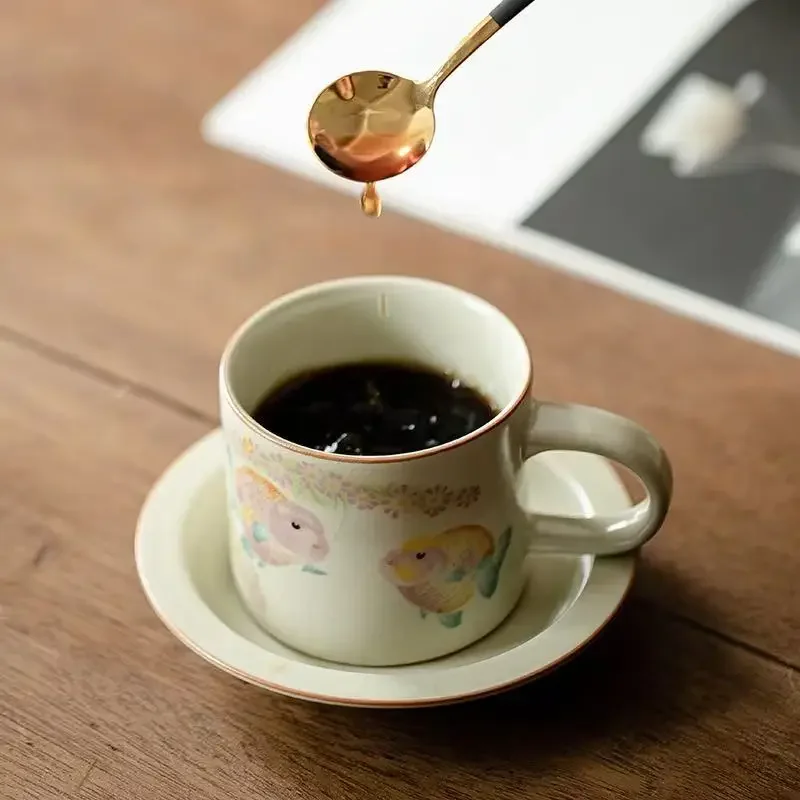 180ML Chinese Goldfish Coffee Cup Beige Ru Kiln Ceramic Open Plate Can Raise TeaSet Drinking Cup Saucer Set Afternoon Tea Cup