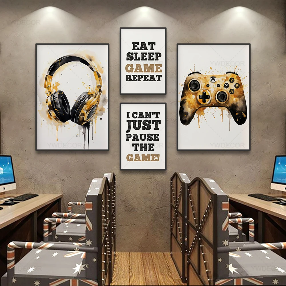 

Black and Gold Game Controller Wall Art Poster Painting Canvas Prints Pictures For Kids Boys Room Decor Playroom