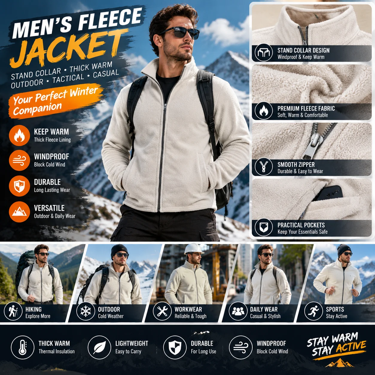 Mens Fleece Jacket Stand Collar Thick Warm Winter Outdoor Tactical Sports Coat Casual Thermal Sweatshirt Workwear Outerwear