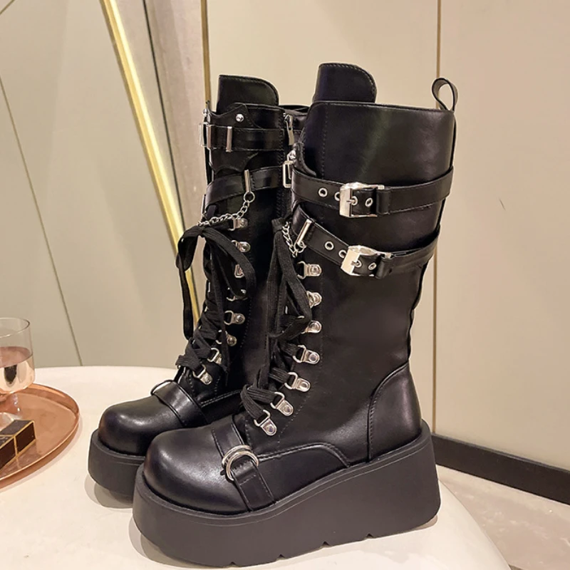 2024 Fashion Women Leather Boots Winter New Punk Style Platform Long Boots Comfort Height Increase Rivet Buckle Motorcycle Boots