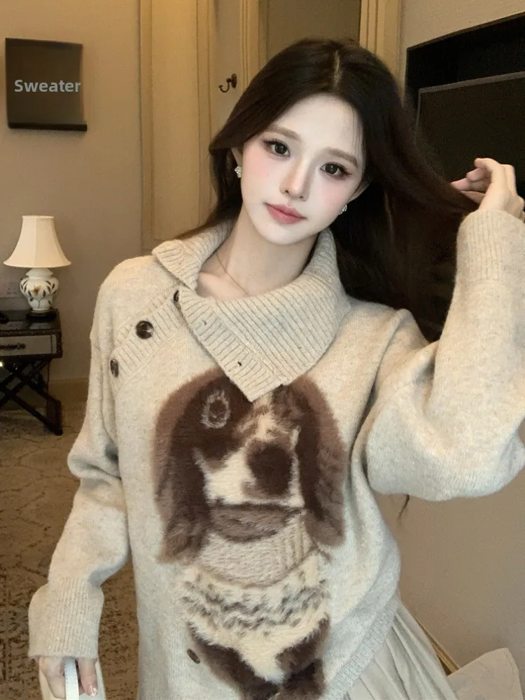 

Cute Dog Design Long Sleeve Knitted Sweater Button up Loose Women's Top Fashionable Autumn Winter Style Commute Korean Version