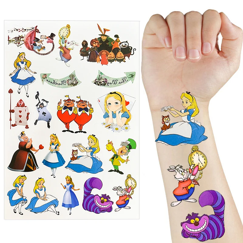 Anime Disney Alice in Wonderland Tattoo Sticker Cute Movie Waterproof Stickers Decal For Guitar Laptop Luggage Sticker Kids Toy