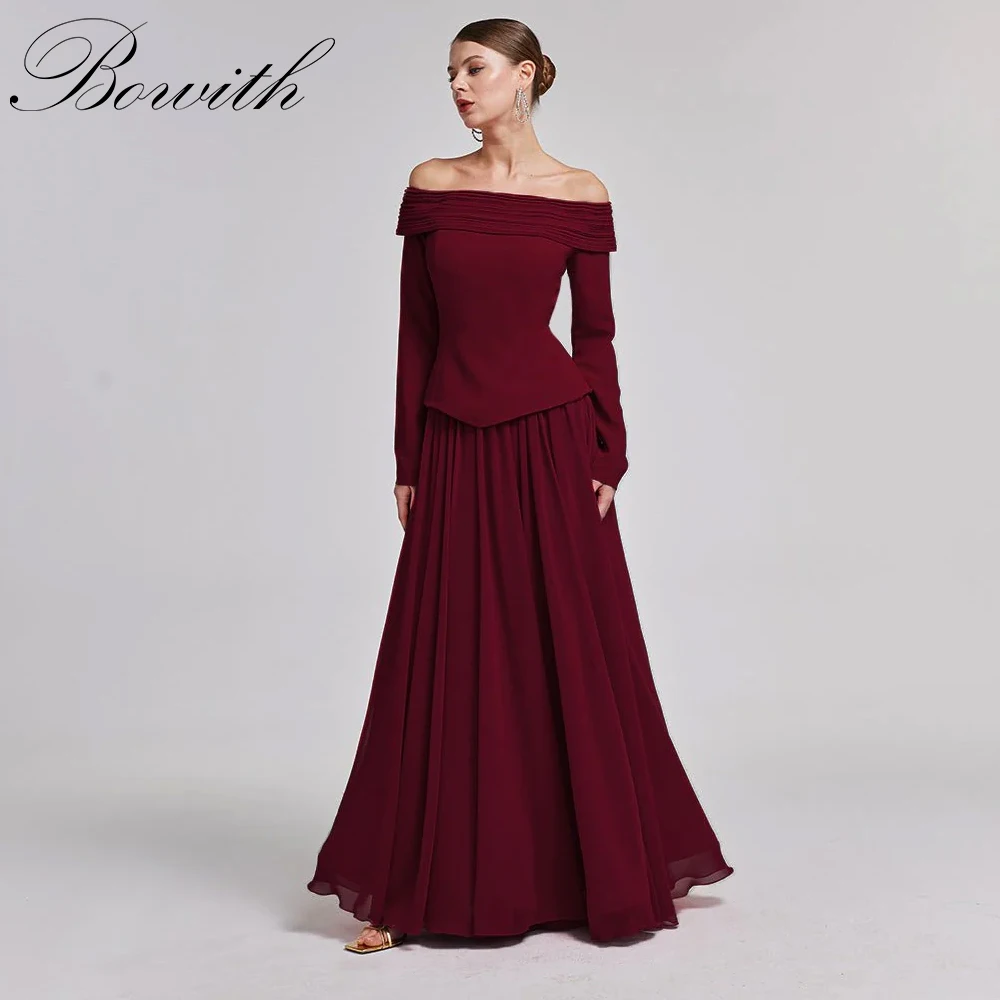 

Bowith Boat Neck Evening Dresses Off the Shoulder Long Sleeves Long Prom Party Dresses Customized A-Line Gown