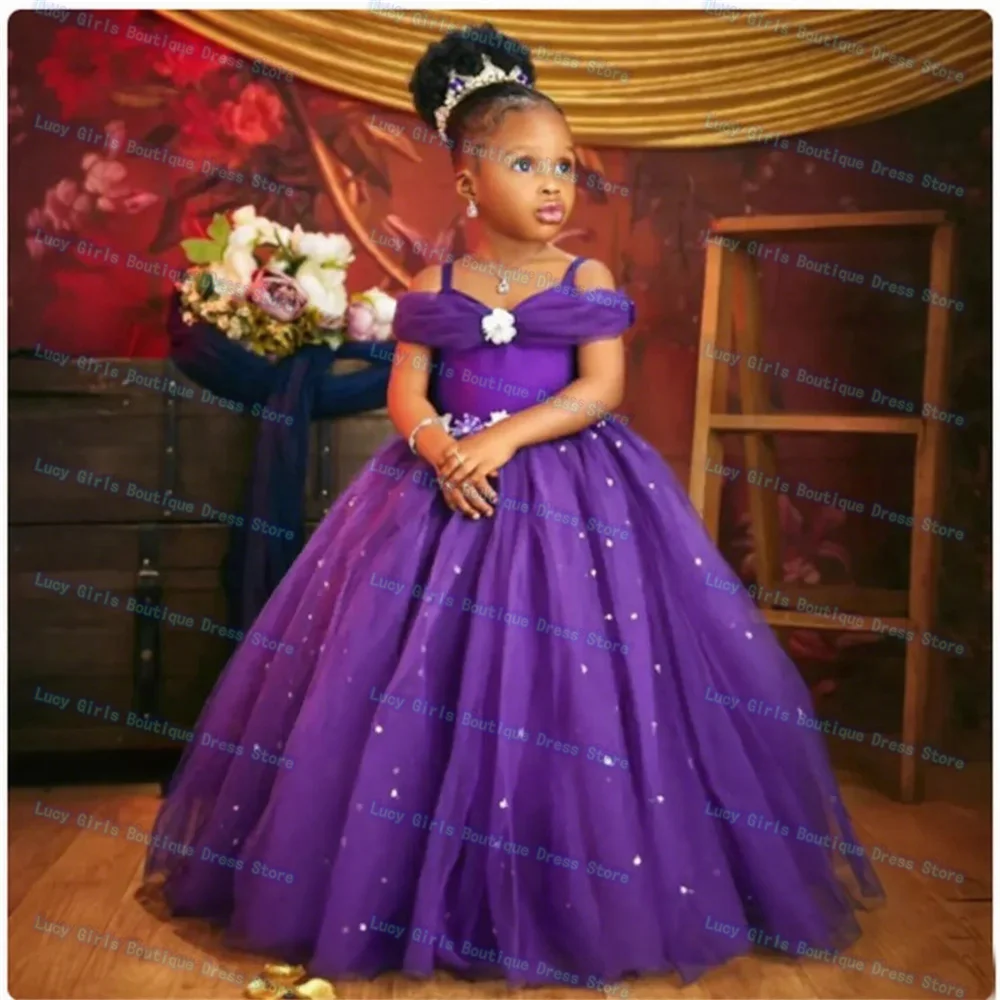Elegant Flower Girl Dress Adorable Burgundy Pearl Spaghetti Straps Wedding Tulle Toddler Beauty Pageant Child Birthday Dresses