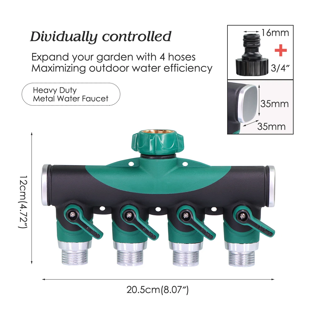 헤비 듀티 금속 4 웨이 3/4 인치 스레드 수도꼭지 스플리터, 차단 밸브 포함, 정원 호스 어댑터, 야외 수도꼭지 커넥터