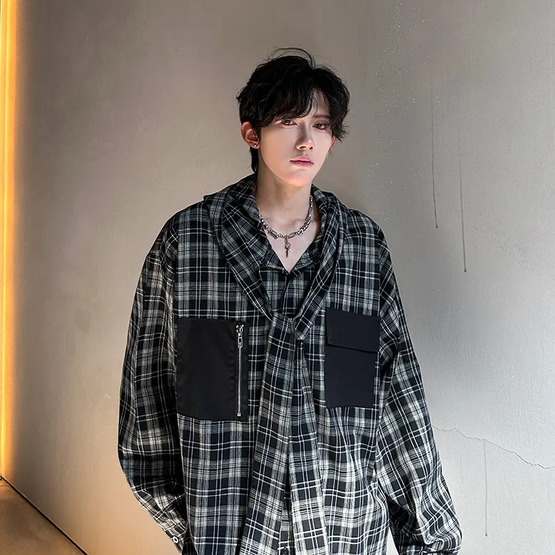 

Classic Plaid Hooded Belted Design ket Color Blo Trendy Men's Casual irt Loose Fit Autumn Faion Urban Sle Long Sve