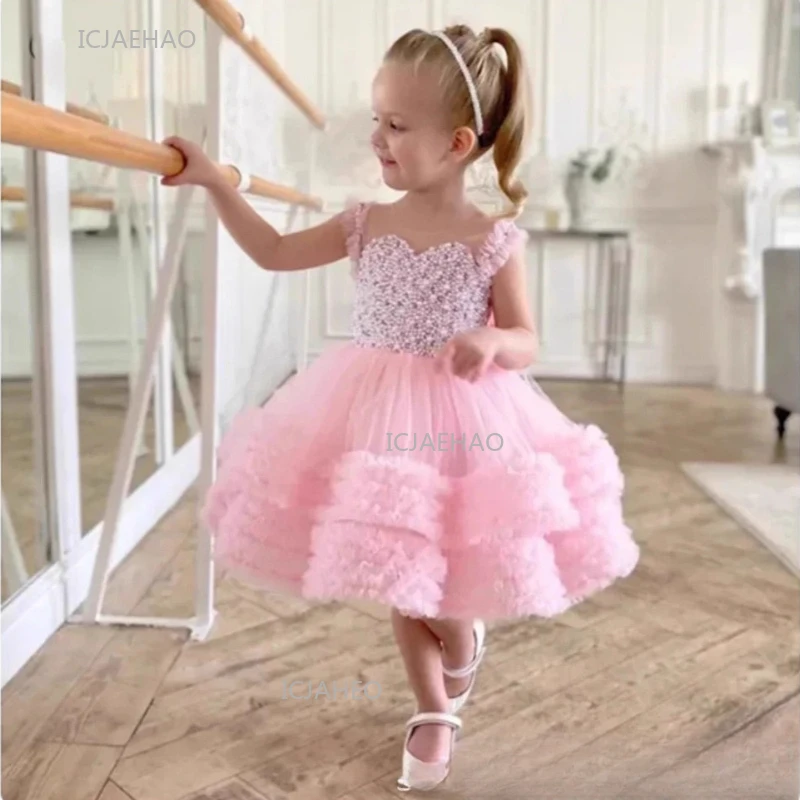 

Розовое праздничное платье на день рождения, детские платья принцессы с цветочным узором для девочек, одинаковое детское праздничное платье-пачка, костюм, пышная одежда, одежда