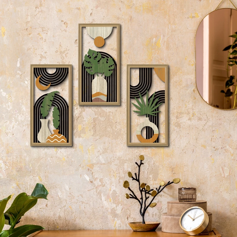 3pcs Boho Style Hollow Wood Retro Rustic Leaf Pattern Wall Hanging Art Living Room Bedroom Wall Hanging Home Decoration