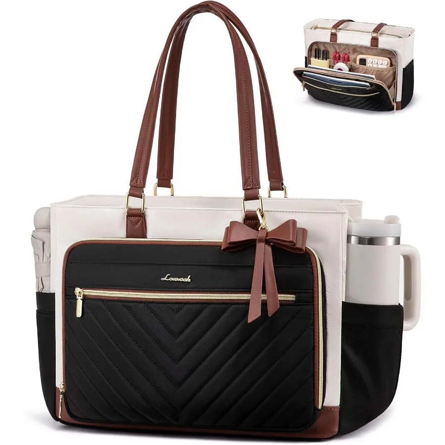 

Large Capacity Quilted Tote Bag for Women with Dedicated Cup Holder and Multiple Pockets Ideal for Office Work College Studies
