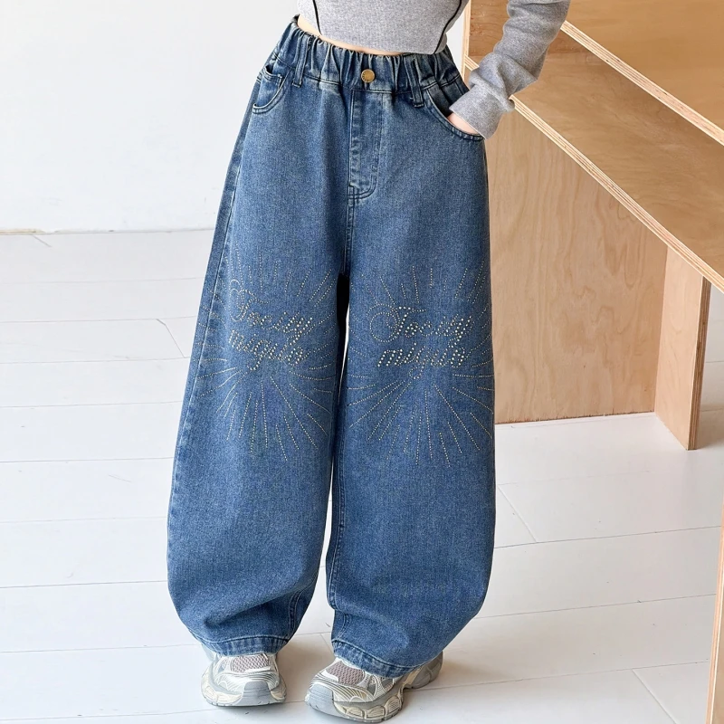 Girls Y2K Banana Baggy Jeans, Hot-fix Rhinestone Firework Print, for 6-16Y Big Girls Spring Autumn Streetwear