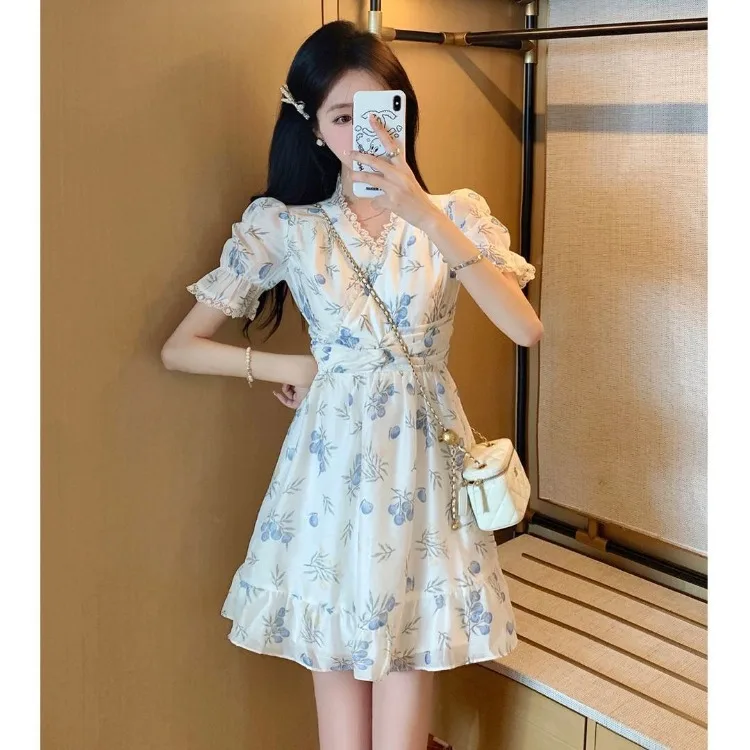 Korejepo Floral Dress Women 2024 New High End French Small Fragrant Style Waist Thin Bubble Sleeves Short Dresses Vestido