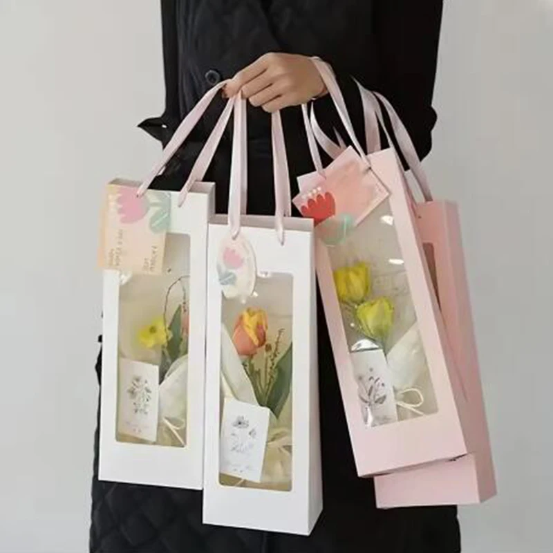 

10Pcs Paper Transparent Flower Packaging Bags White Pink Single Rose Bouquet Window Box for Mothers Day Valentines Day Weddings