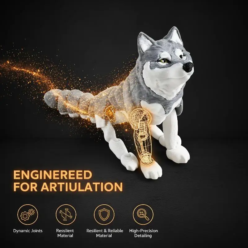 3D Printed Articulated Husky Figurine With Flexible Joints And Realistic Look Perfect For Home Decor And Gifts For Wolf Lovers