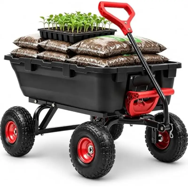 Heavy-Duty Garden Dump Wagon with 900LB Capacity • 10-Inch Pneumatic All-Terrain Tires • Adjustable Ergonomic Handle • 180° Stee
