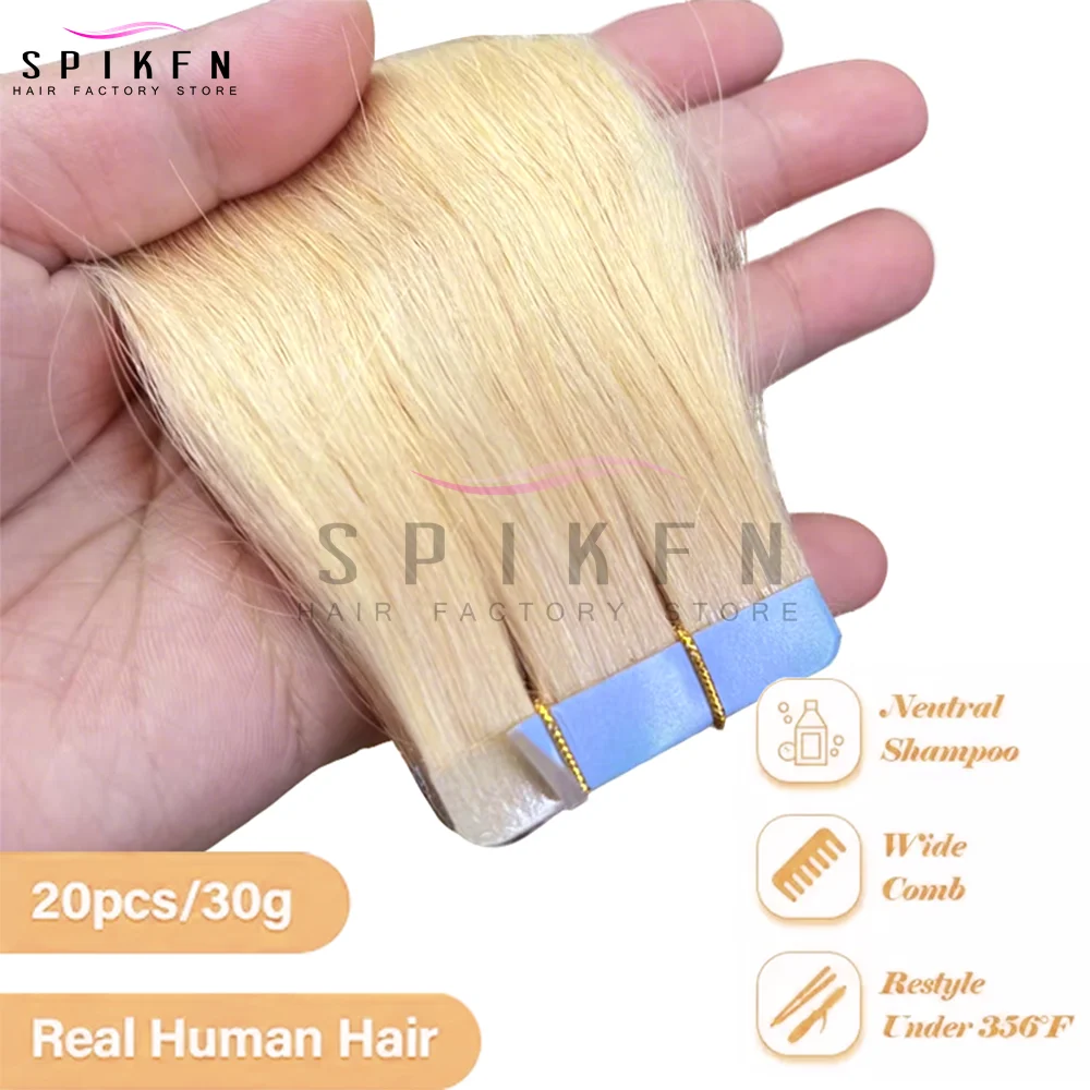 12-24인치 인모 테이프 익스텐션, 심리스 내추럴 스트레이트, 20개/팩, 30g 테이프, 금발, 간편 착용