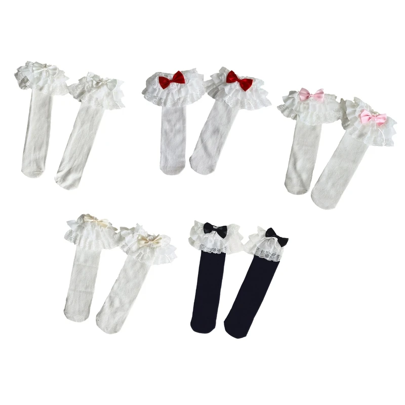 Kids Baby Girls Gothic Knee High Socks Vintage Multi Layered Ruffled Lace Sweet Candy Color Bow Princess Stocking